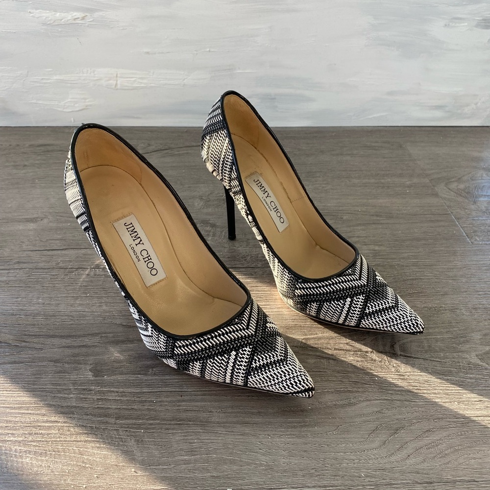 Jimmy Choo Abel Heels in Black and White Raffia